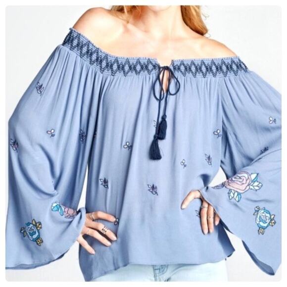 Women's Blue Peasant Elasticized Off the Shoulder Bell Sleeve Blouse - Picture 2 of 7